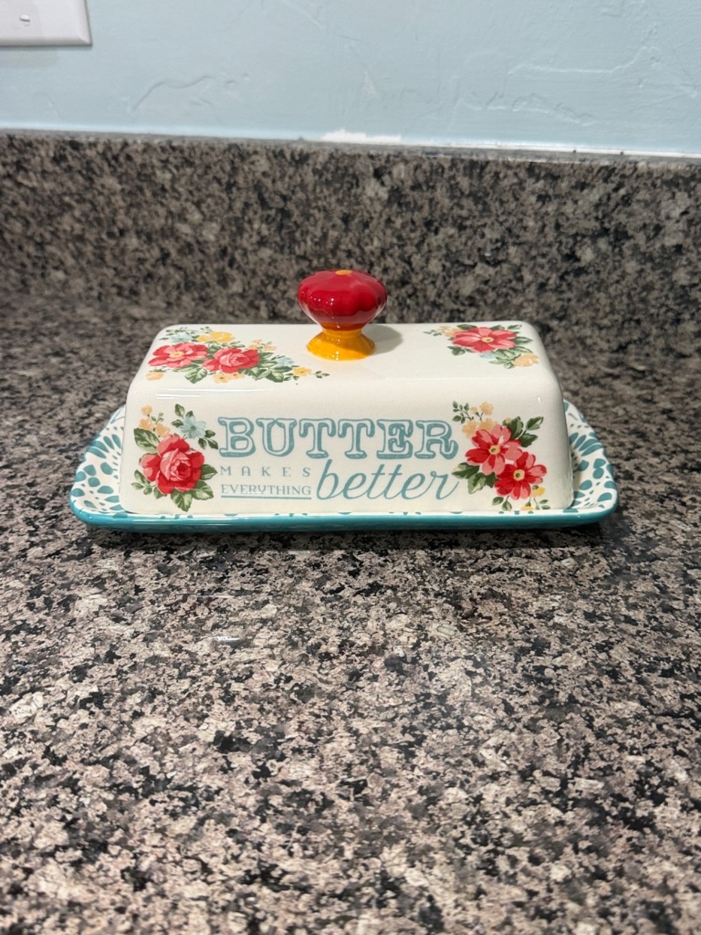 The Pioneer Woman Floral Butter Dish with Red and Yellow Knob
